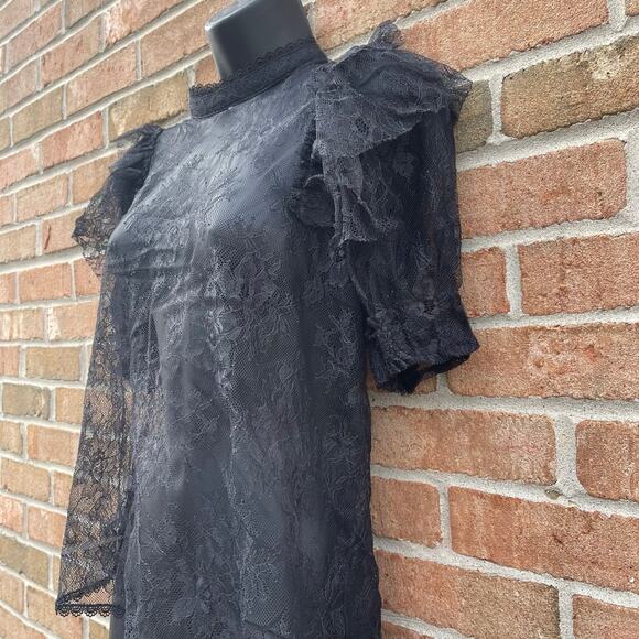 Romantic Gothic Black Lace top sz L Sheer coquette Scalloped Elegant Whimsigoth - Picture 2 of 12